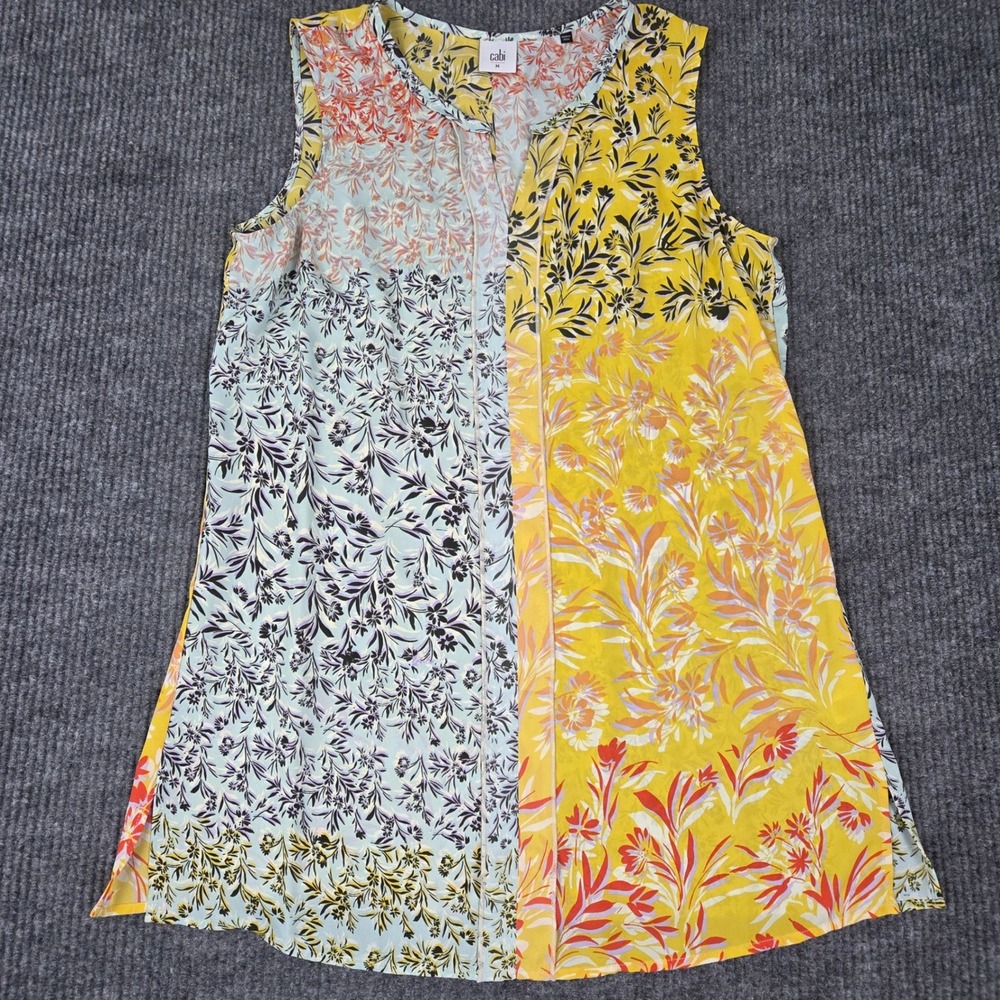 Cabi 5547‎ Mixed Floral Print Sleeveless Blouse Yellow Blue Patchwork Womens M